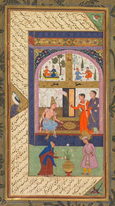 Zulaykha en su palacio y de anciana con Joseph, de un Panj Ganj (Cinco tesoros) de Abd al-Rahman Jami (persa, 1414–1492); Verso: de un Panj Ganj de Abd al-Rahman Jami (persa, 1414-1492), con dos masnavis: Yusuf va Zulaykha (José y Zulayk de Mushfiq