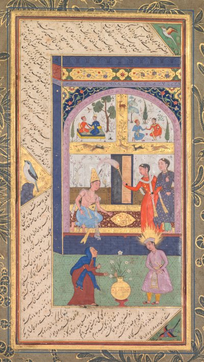 Zulaykha en su palacio y de anciana con Joseph, de un Panj Ganj (Cinco Tesoros) de Abd al- Rahman Jami (persa, 1414-1492) (anverso) de Mushfiq