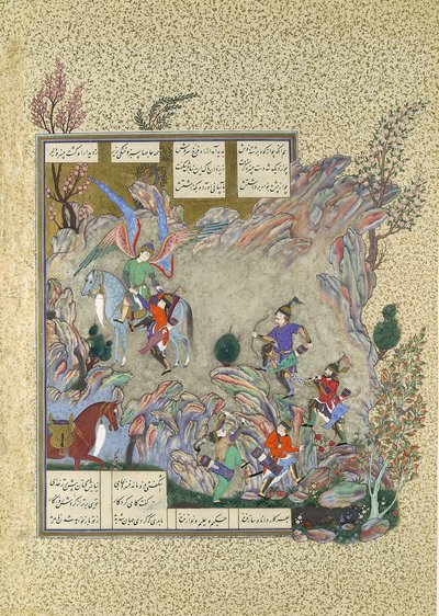 El ángel Surush rescata a Khusrau Parviz de un callejón sin salida, Folio 708v de..., ca. 1530-35 de Muzaffar 