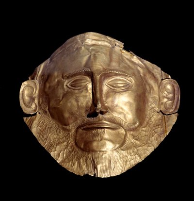 Máscara funeraria en oro micénico conocida como Máscara de Agamenón de Mycenaean