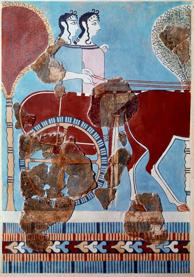Arte micénico: pareja en un carro. Fragmento de fresco del palacio de Tirinto y reconstrucción de Mycenaean