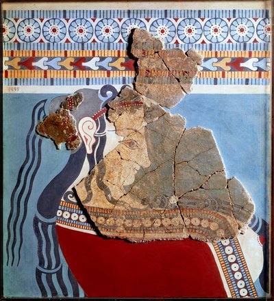 Arte micénico: busto femenino. Fragmento de fresco del palacio de Tirinto y reconstrucción de Mycenaean