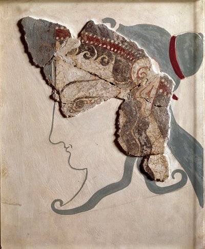 Arte micénico: cabeza femenina. Fragmento de fresco del palacio de Tirinto de Mycenaean