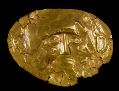 Arte micénico: máscara de oro. Del sitio de Micenas. Siglo XVI a.C. Atenas, museo arqueológico nacional - Arte micénico: máscara funeraria de oro de Micenas. Siglo XVI a.C. Museo Arqueológico Nacional, Atenas, Grecia de Mycenaean
