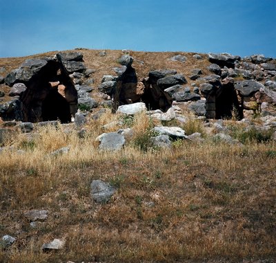 Arte micénico: casas construidas en las fortificaciones de la ciudad de Tirinto, alrededor de 1200 a.C. Grecia de Mycenaean