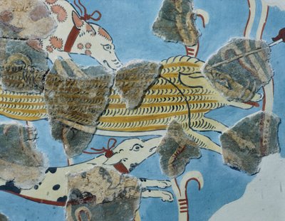 Fresco del palacio de Tirinto (Grecia). Detalle: grupo de perros atacando a un jabalí. Civilización micénica de Mycenean