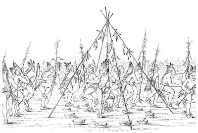 Hombres medicina bailan alrededor de una olla de cocina dando gracias al Gran Espíritu, 1841 de Myers and Co