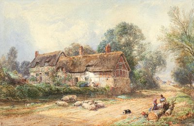 Una cabaña de paja en un camino (acuarela) de Myles Birket Foster