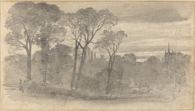 Un paisaje vespertino con una catedral distante de Myles Birket Foster
