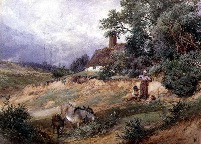 Niños y burros junto a una cabaña en el brezal de Myles Birket Foster