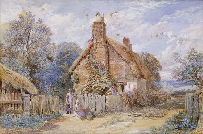 Niños junto a una cabaña con techo de paja en Chiddingfold de Myles Birket Foster