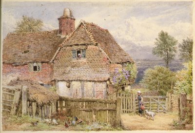 Chica con cordero de Farmhouse (lápiz y acuarela) de Myles Birket Foster