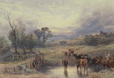 Paisaje con ganado y puente, siglo XIX de Myles Birket Foster