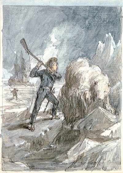 Nelson encontrando un oso, c.1854 (aguada gris, realzada con blanco, acuarela, grafito) de Myles Birket Foster