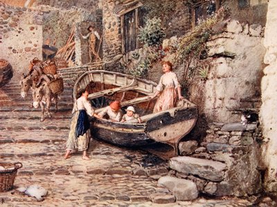 Vista de Clovelly, con barco varado y figuras, 1882 de Myles Birket Foster