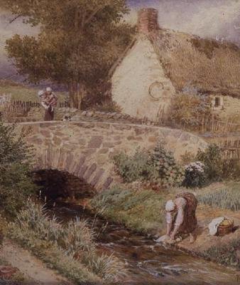 Mujer lavando ropa en un arroyo de Myles Birket Foster