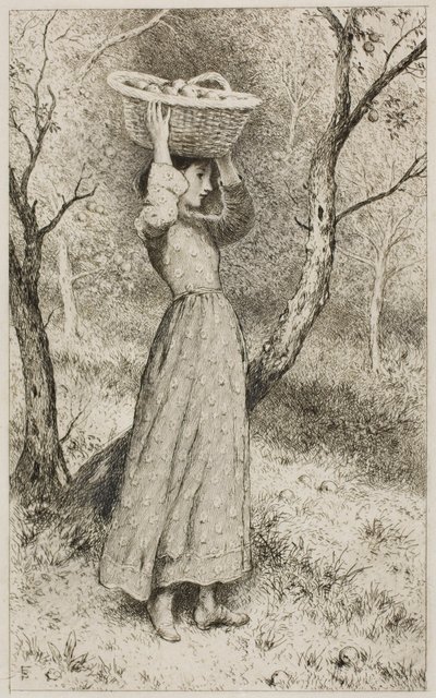 Joven en un huerto con una cesta de frutas de Myles Birket Foster
