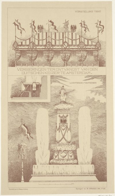 Decoraciones durante la visita del emperador alemán a Amsterdam, 1891 Decoraciones para la recepción del emperador alemán en Amsterdam (título sobre objeto) de NV Drukkerij G.J. Thieme