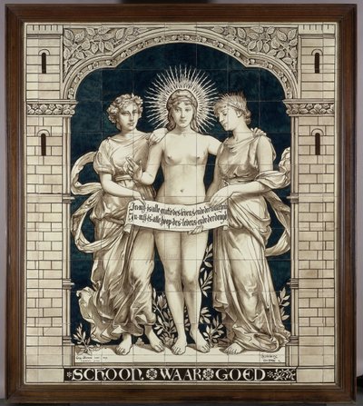 Panel de azulejos con las personificaciones de lo Bello, lo Verdadero y lo Bueno de N.V. Haagsche Plateelfabriek Rozenburg