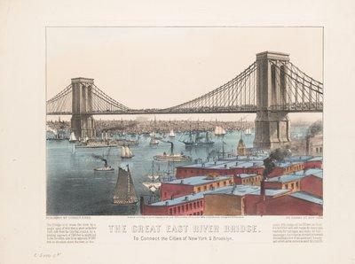 El gran puente del East River: para conectar las ciudades de Nueva York y Brooklyn, c.1872 de Nathaniel Currier