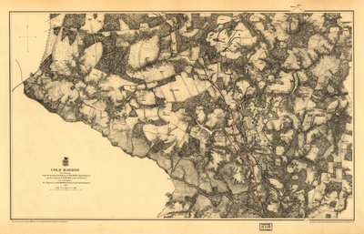 21,120. LC Civil War Maps (2ª ed.), 531.3 En esta edición, el mapa está impreso sobre fondo amarillo con el río Chickahominy coloreado en verde. Muestra las carreteras, la Virginia Central R. R., las casas, las cercas, los nombres de los habitantes, la veg de N. Michler