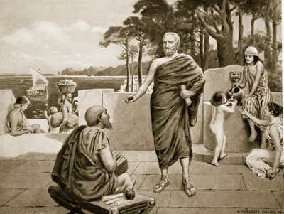 Tucídides en el exilio, ilustración de la Historia de las Naciones de Hutchinson de N. Prescott Davies