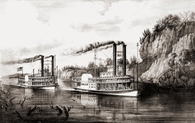 Barcos de vapor compitiendo en el río Mississippi, Estados Unidos. de N. and Ives J.M. Currier
