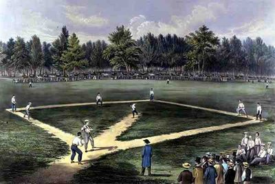 El juego nacional americano de béisbol, gran partido por el campeonato en los campos de Elysian, Hoboken, N.J. 1866 de Currier and Ives