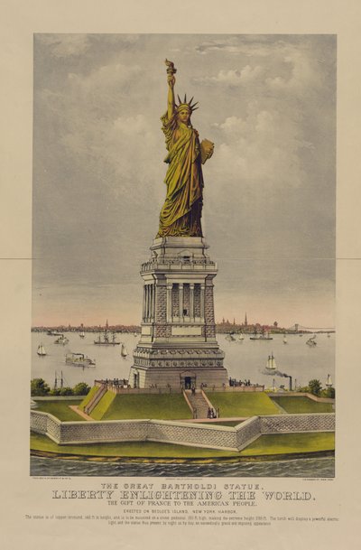 La gran estatua de Bartholdi, La Libertad iluminando el mundo, el regalo de Francia al pueblo estadounidense, c.1885 de Currier and Ives