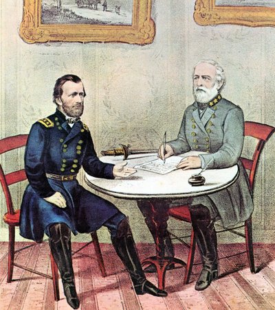 Guerra Civil Americana: Los generales Grant (izquierda) y Lee se reúnen el Domingo de Ramos de 1865 para acordar los términos de la rendición del Ejército del Norte de Virginia de Lee. de N. and Ives J.M. (1824 95) Currier