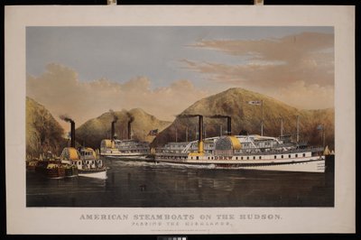Barcos de vapor americanos en el Hudson. Pasando las Highlands. Drew, St John y Excelsior de N. and Ives J.M. (1824 95) Currier