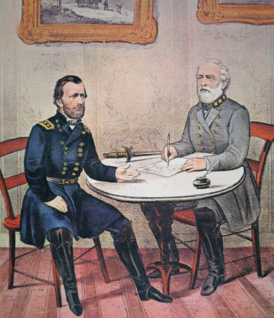 El General Robert E. Lee se rinde al General Ulysses S. Grant en Appomattox Courthouse, 9 de abril de 1865 de Currier and Ives