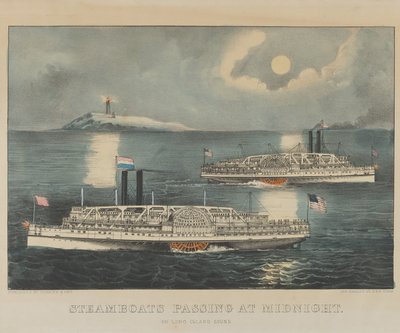 Barcos de vapor pasando a medianoche en Long Island Sound de Currier and Ives