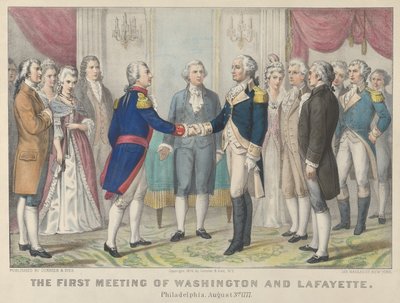 El primer encuentro de Washington y Lafayette en Filadelfia, 3 de agosto de 1777 de Currier and Ives