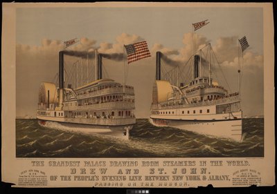 Los vapores de salón más grandes del mundo, Drew y St John de la Peoples Evening Line entre Nueva York y Albany... de N. and Ives J.M. (1824 95) Currier