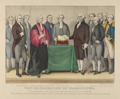 La inauguración de Washington como primer presidente de los Estados Unidos el 30 de abril de 1789 en el Antiguo Ayuntamiento, Nueva York de Currier and Ives