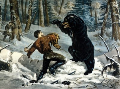 La vida de los tramperos (cazadores profesionales) en Canadá: un cazador es atacado por un oso grizzly. Ilustración de Yves y Currier. de Currier and Ives
