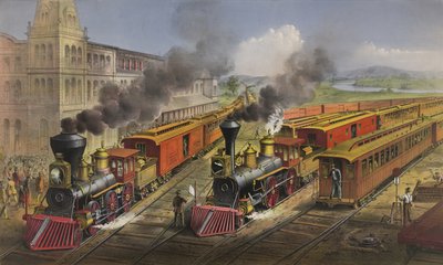 Escena del ferrocarril americano: trenes exprés relámpago saliendo de la unión, 1874 de N. and Ives, J.M. Currier