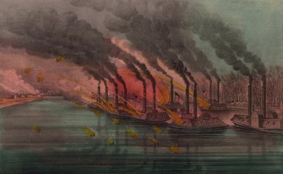 Bombardeo y captura de Fort Henry por barcos de guerra federales de N. and Ives, J.M. Currier