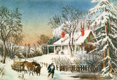Llevando los troncos a casa, paisaje de invierno, siglo XIX de N. and Ives, J.M. Currier