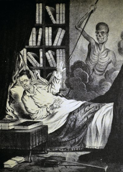 Ilustración de Currier & Ives del Siglo XIX. El Hombre Malo en la Hora de la Muerte de N. and Ives, J.M. Currier