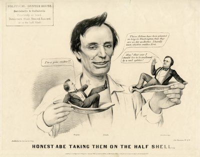 Honesto Abe tomándolos en la media concha, 1860 de N. and Ives, J.M. Currier