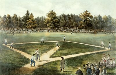El Juego Nacional Americano de Béisbol - Gran Partido en Elysian Fields, Hoboken, NJ, 1866 de N. and Ives, J.M. Currier