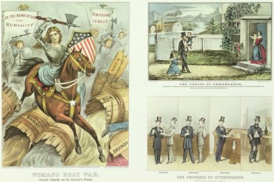 Los frutos de la templanza, el progreso de la intemperancia y la guerra santa de la mujer de N. and Ives, J.M. Currier