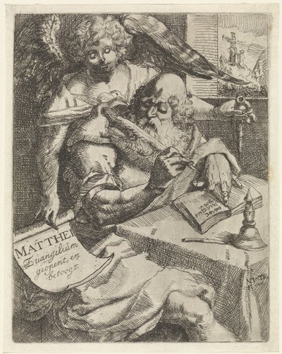 Mateo el evangelista Matthei Evangelium abre y argumenta (título sobre el objeto) Página de título para: S. van Til, Het euangelium des H. Apostles Matthæi (...) abierto por notas breves, 1687 de N. van Til