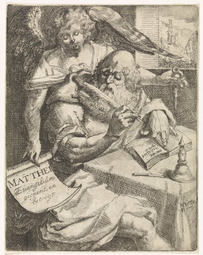 Mateo el evangelista Matthei Evangelium abre y argumenta (título sobre el objeto) Página de título para: S. van Til, Het euangelium des H. Apostles Matthæi (...) abierto por notas breves, 1687 de N. van Til
