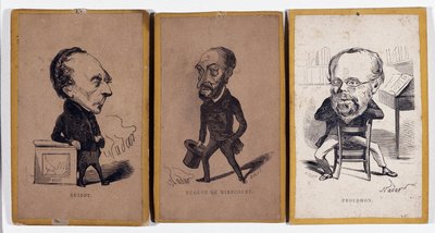 3 Retratos-carga (retrato carga): François Pierre Guillaume Guizot (1787-1874), historiador y político francés, Charles Jean-Baptiste (Jean Baptiste) Jacquot dit Eugene de Mirecourt (1812-1880), periodista y escritor francés, y Pierre-Joseph Proudhon de Nadar