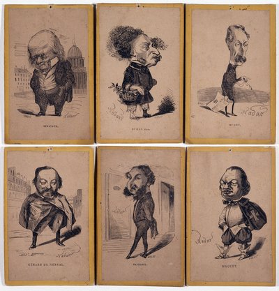 6 Retratos de carga: Pierre Jean de Béranger (1780-1857) compositor francés, Alexandre Dumas hijo (1824-1895), Louis Adrien Huart (1813-1865) periodista, escritor y director de teatro francés, Gérard de Nerval (1808-1855), escritor francés, Charles Mathare de Nadar