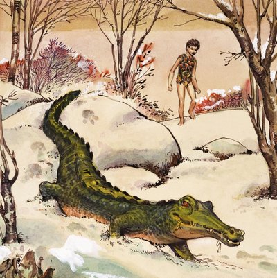 Peter sigue al cocodrilo, ilustración de "Peter Pan" de J.M. Barrie (gouache sobre papel) de Nadir Quinto