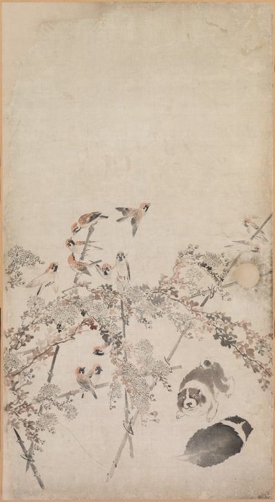 Puppies, Sparrows and Chrysanthemums de Nagasawa Rosetsu